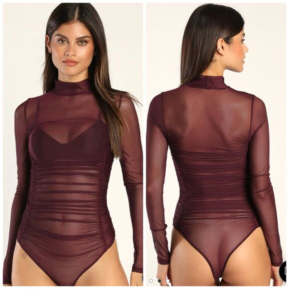 LULUS Ruched Mesh Bodysuit Bodycon Goth Purple Sheer Stretch Club Party Medium - Picture 1 of 8